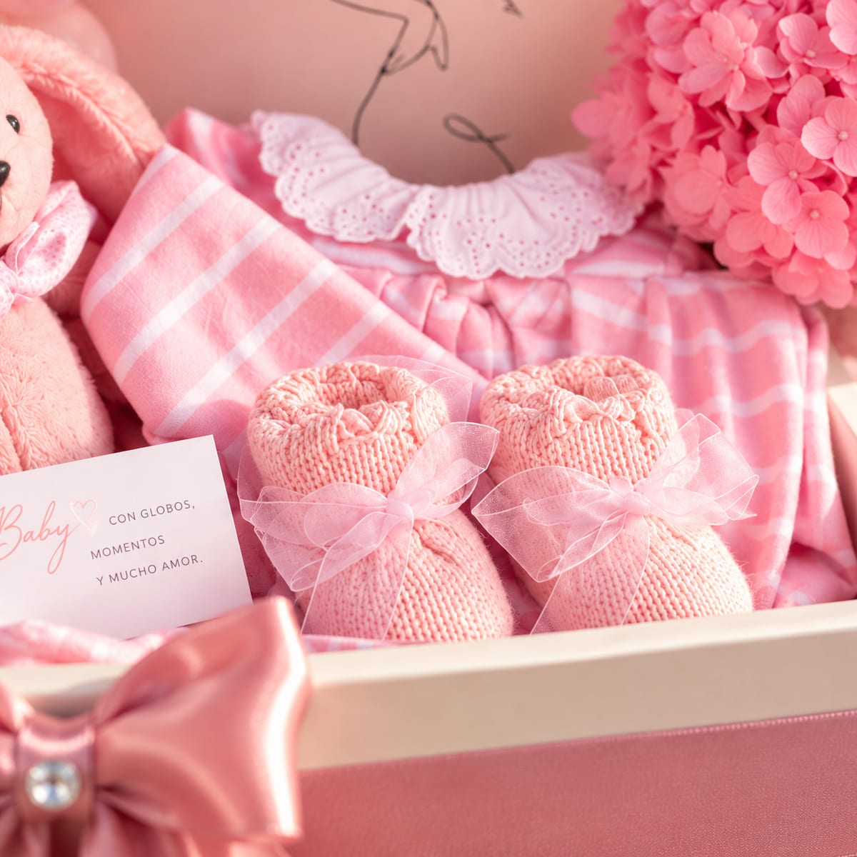 Regalo para recién nacida con peluche, ropita rosa y flores – foto 4