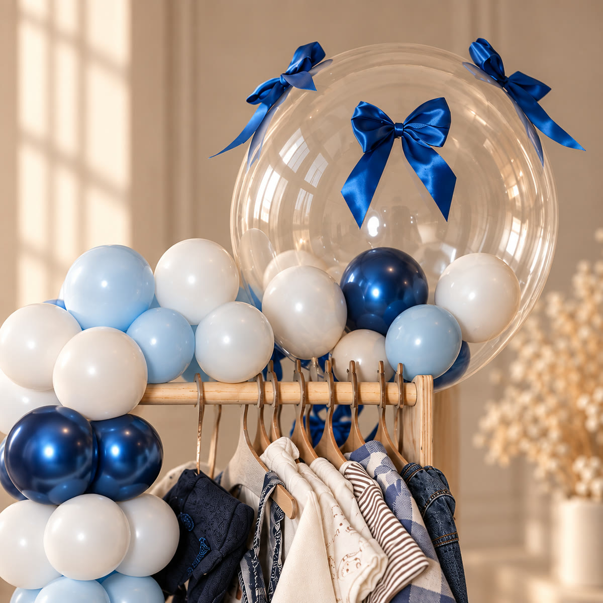 Regalo para recién nacido con peluche, ropita y globos azules – foto 2