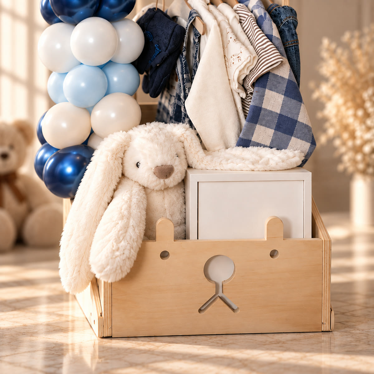 Regalo para recién nacido con peluche, ropita y globos azules – foto 4