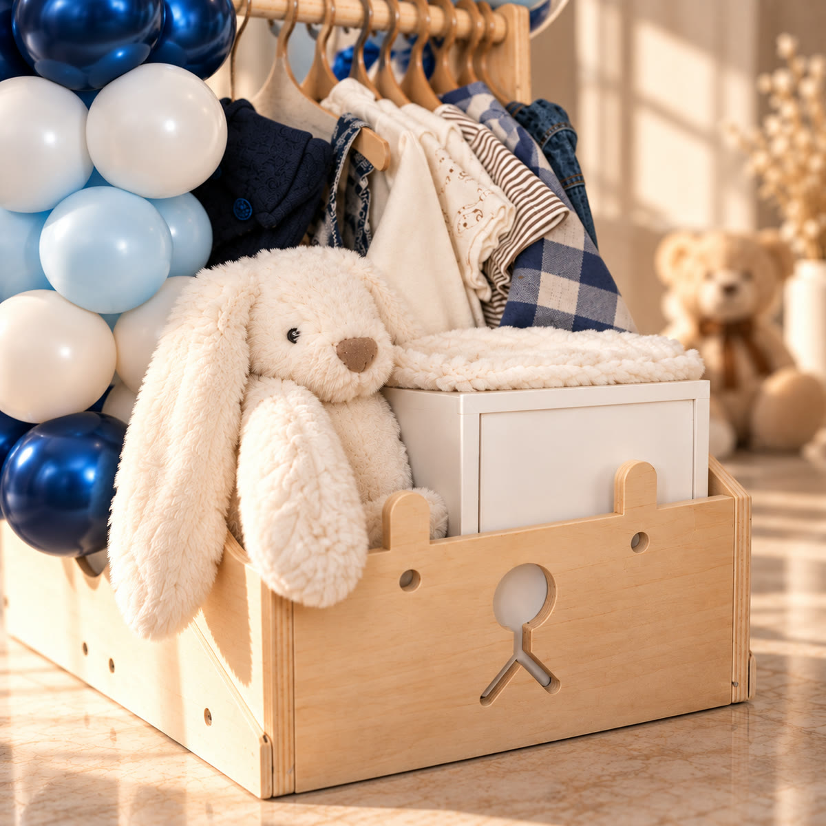 Regalo para recién nacido con peluche, ropita y globos azules – foto 5