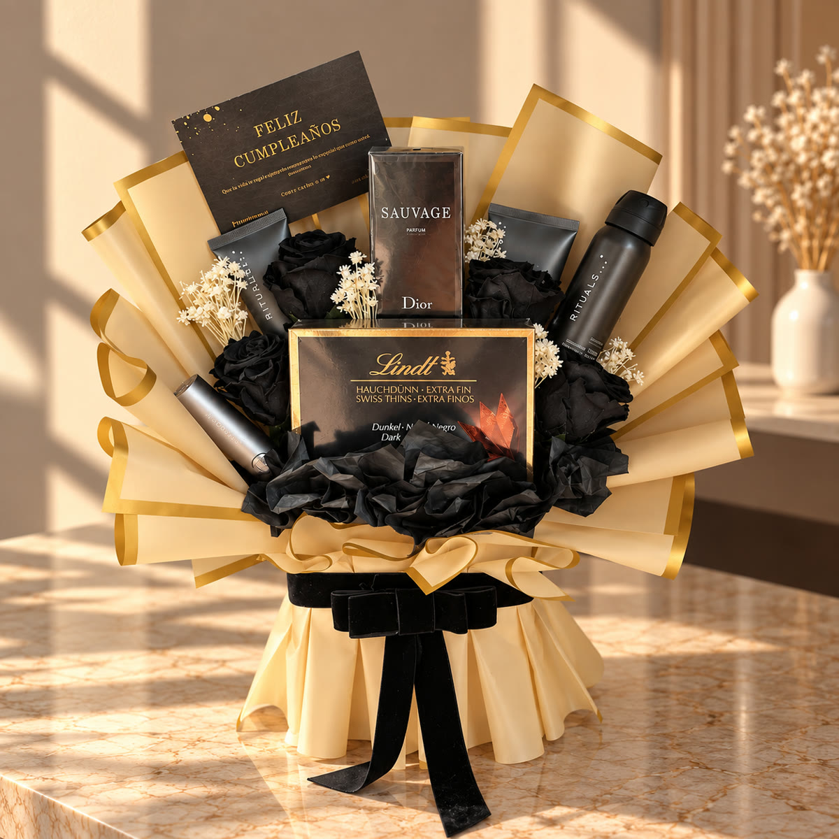 Ramo para hombre con perfume Dior Sauvage y rosas eternas negras