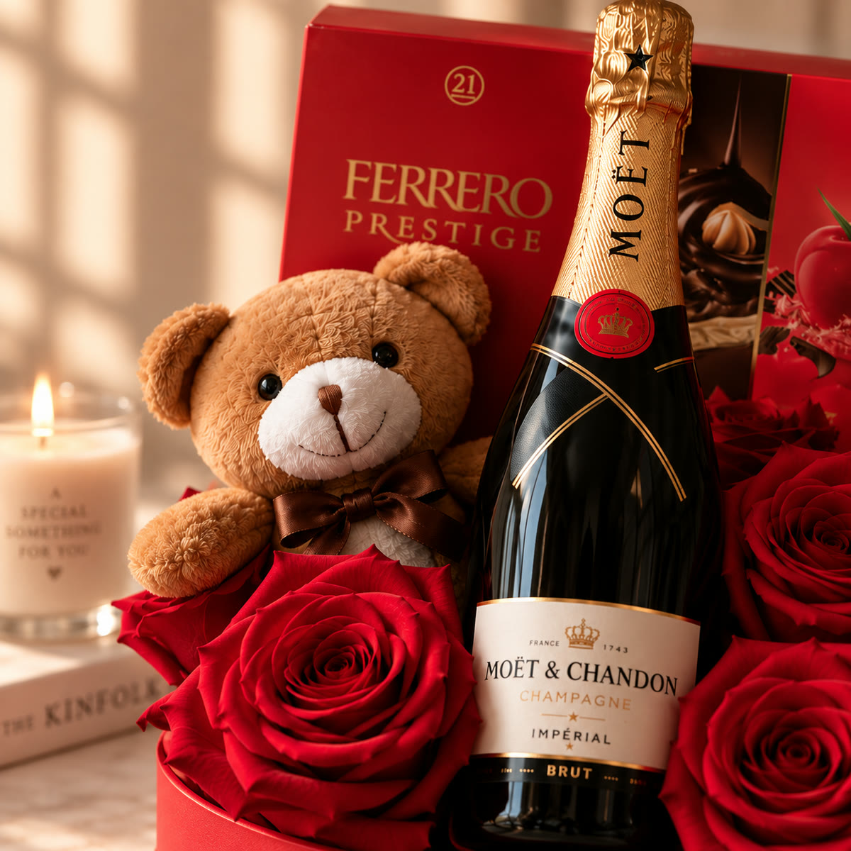 Caja regalo con rosas rojas, champagne Moët y peluche – foto 2