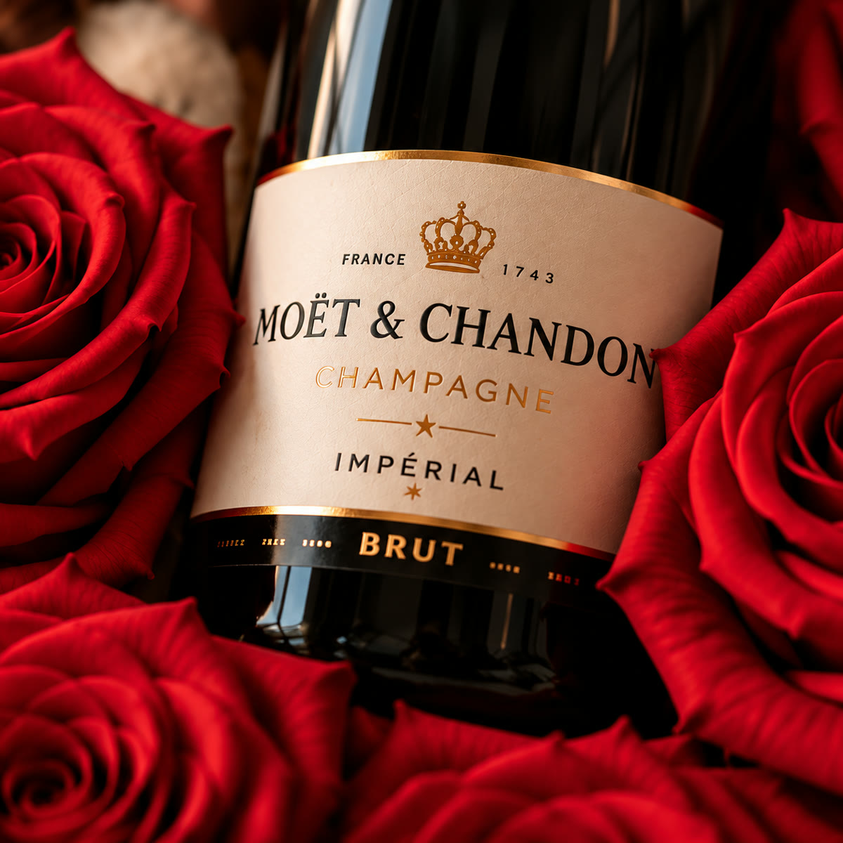 Caja regalo con rosas rojas, champagne Moët y peluche – foto 3