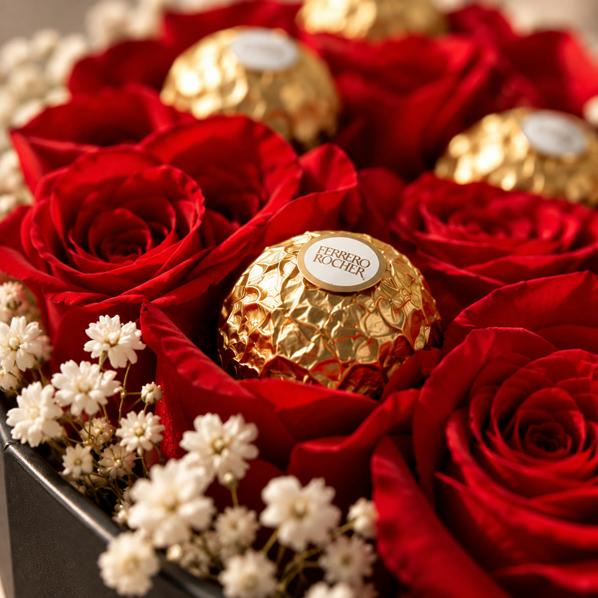 Caja corazón con rosas rojas y bombones Ferrero Rocher – foto 2