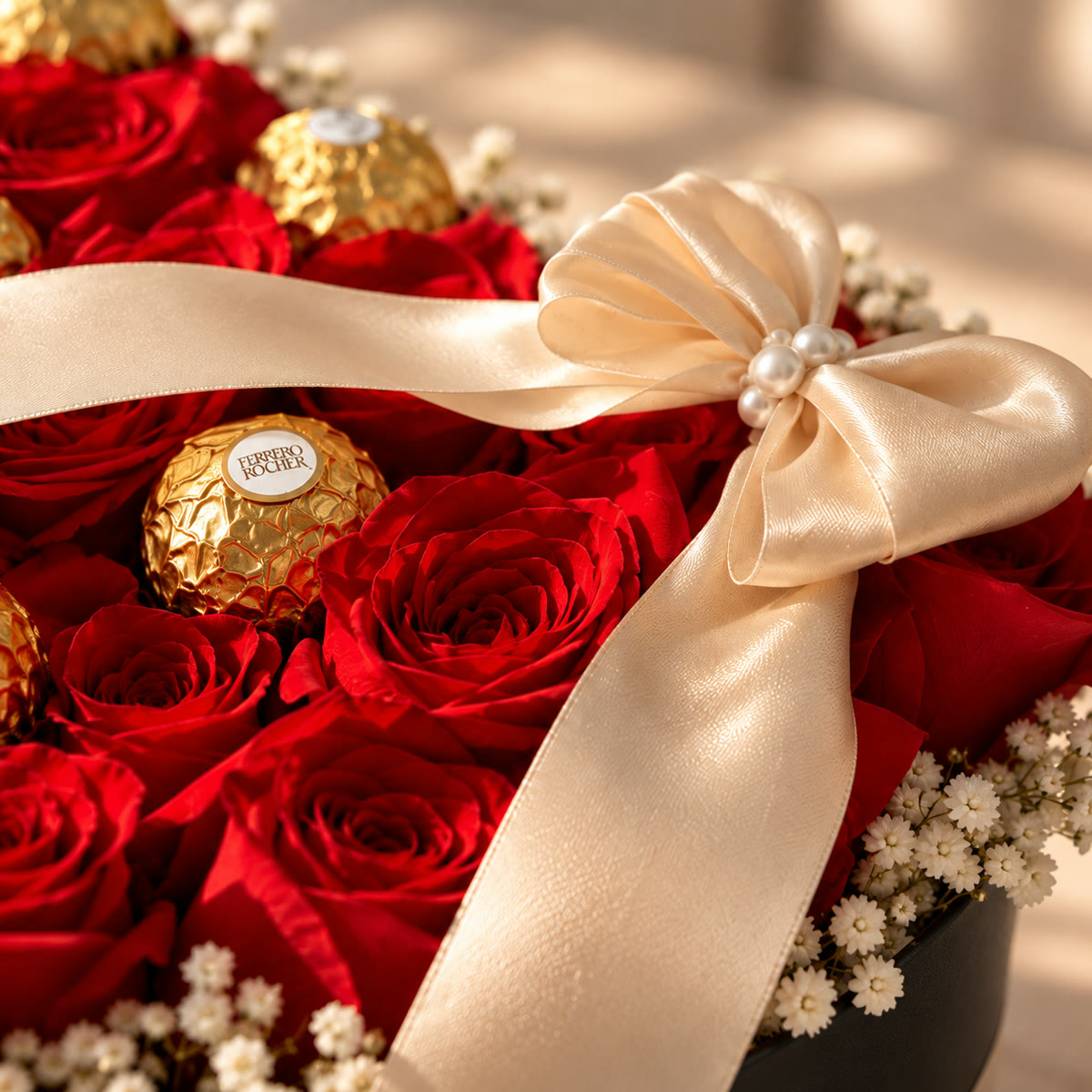 Caja corazón con rosas rojas y bombones Ferrero Rocher – foto 3