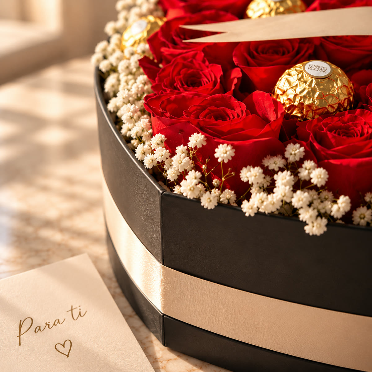 Caja corazón con rosas rojas y bombones Ferrero Rocher – foto 4