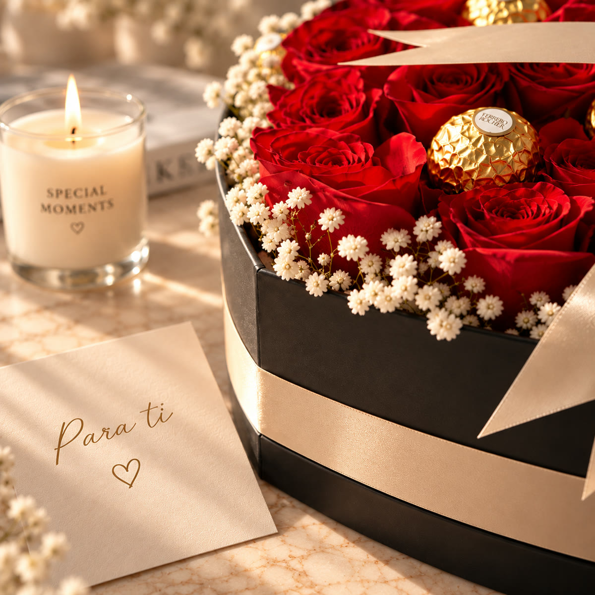 Caja corazón con rosas rojas y bombones Ferrero Rocher – foto 5