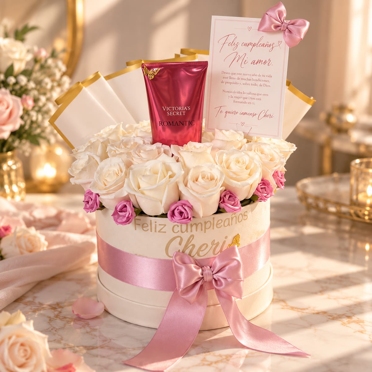 Caja de rosas blancas con crema Victoria’s Secret Romantic