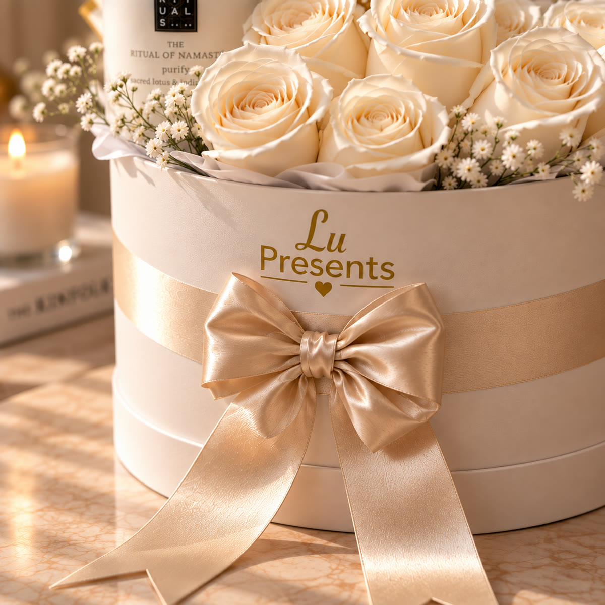 Caja premium con rosas blancas, perfume Dior J’adore y Rituals – foto 4
