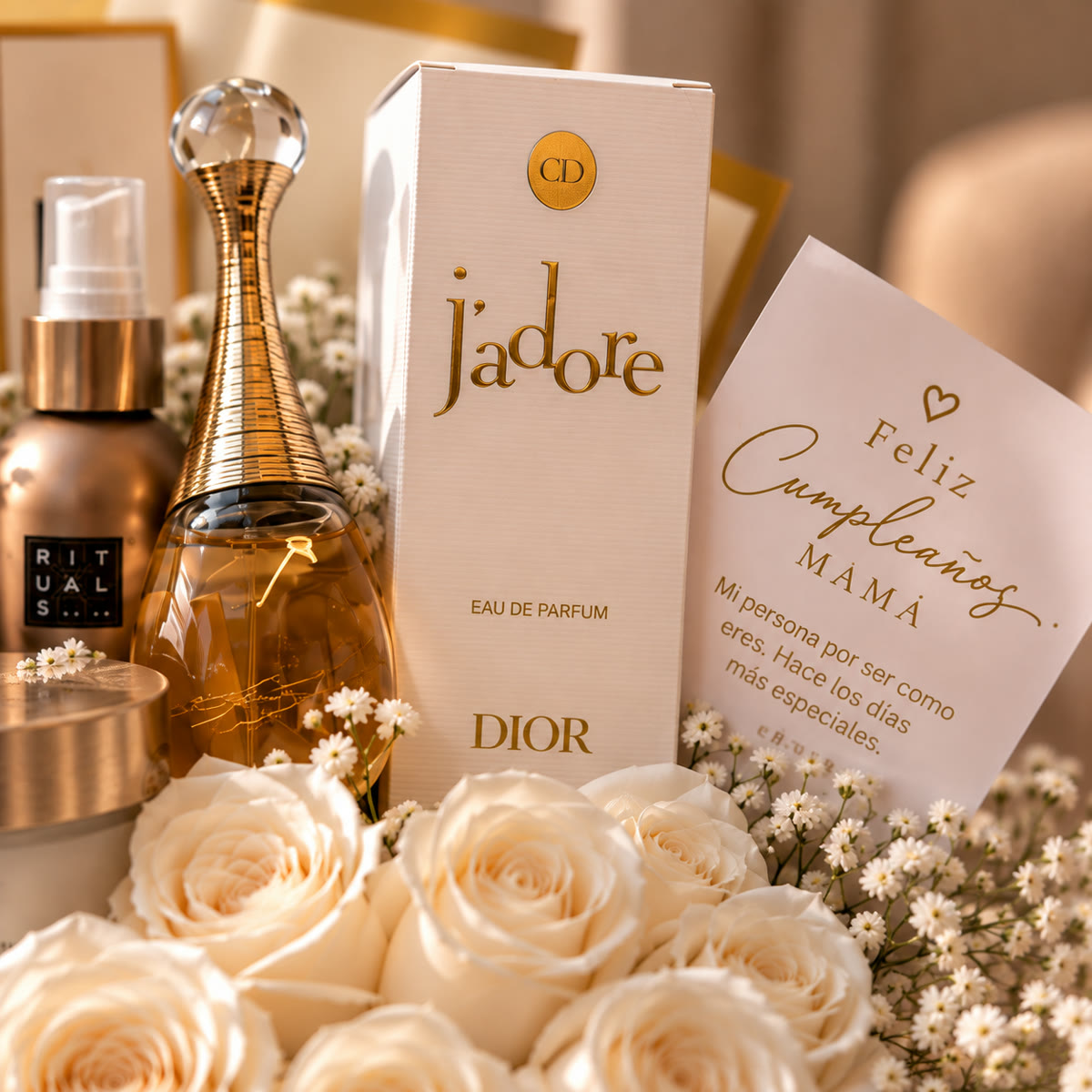Caja premium con rosas blancas, perfume Dior J’adore y Rituals – foto 5