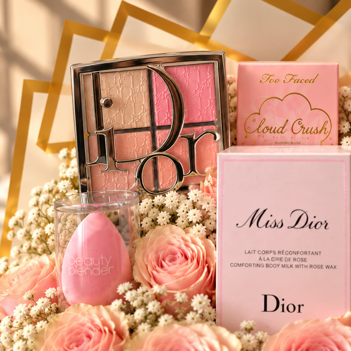 Caja de belleza con perfume Miss Dior, maquillaje y rosas rosas – foto 2