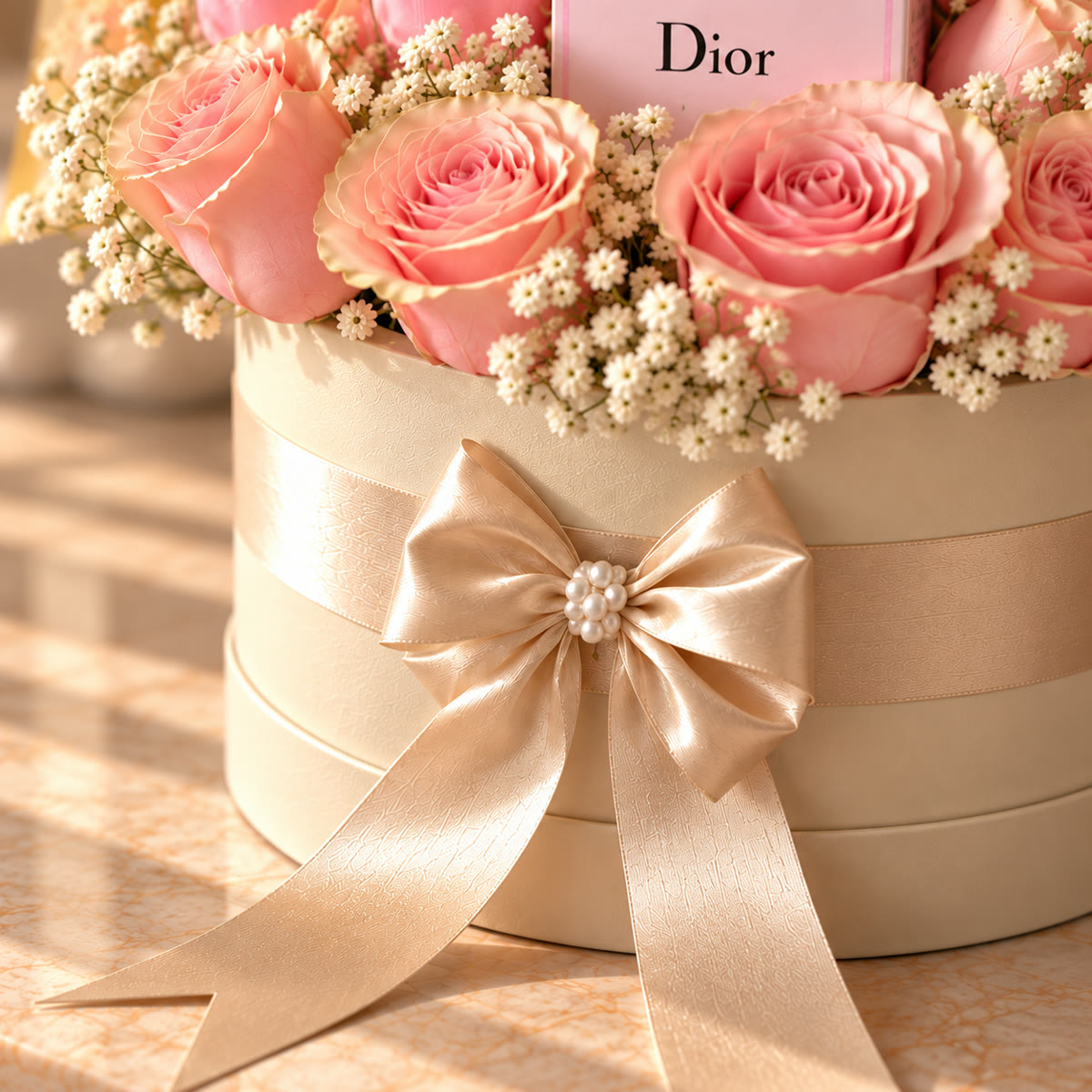 Caja de belleza con perfume Miss Dior, maquillaje y rosas rosas – foto 4