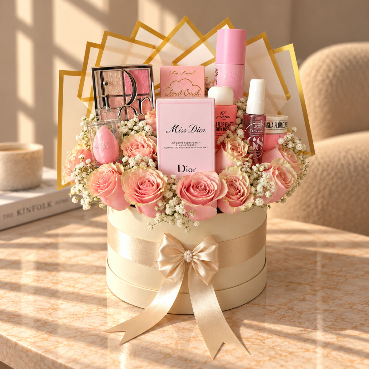 Caja de belleza con perfume Miss Dior, maquillaje y rosas rosas