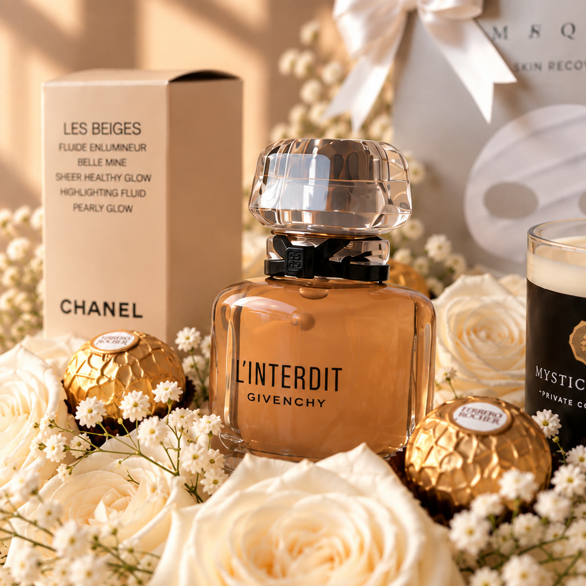 Caja corazón premium con rosas blancas, fragancias y Ferrero – foto 3
