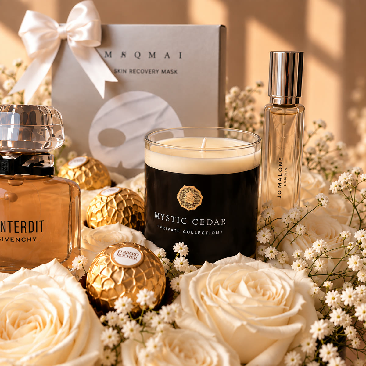 Caja corazón premium con rosas blancas, fragancias y Ferrero – foto 4