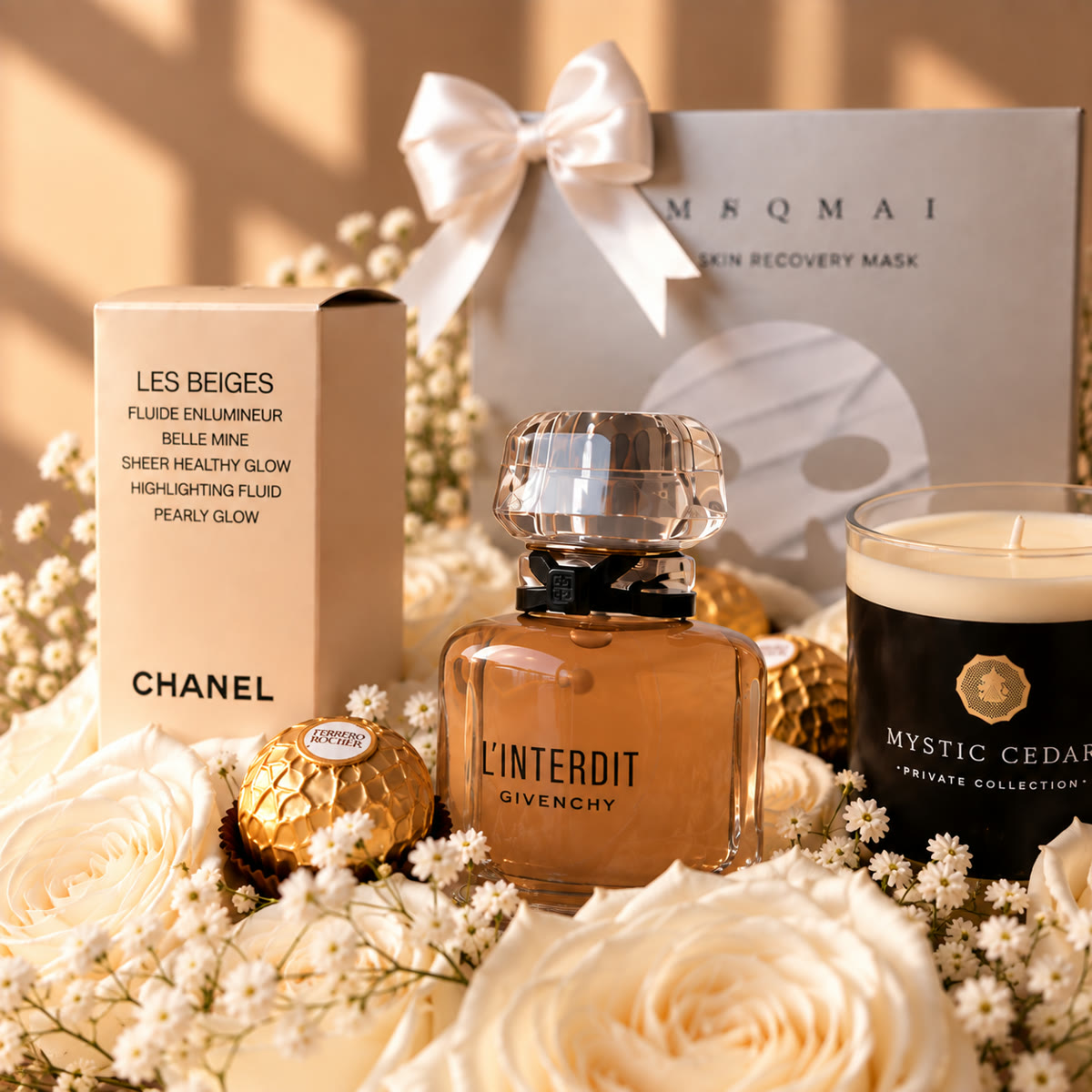 Caja corazón premium con rosas blancas, fragancias y Ferrero – foto 5