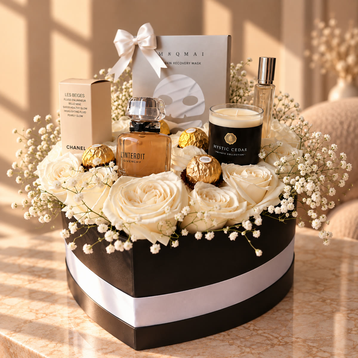 Caja corazón premium con rosas blancas, fragancias y Ferrero