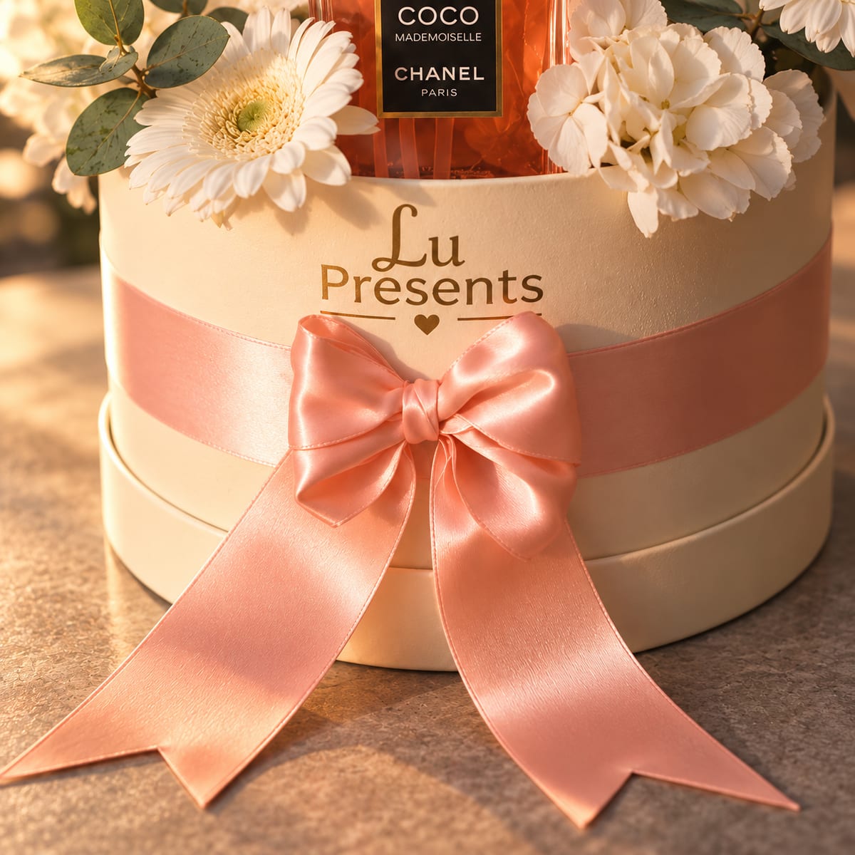 Caja regalo con perfume Chanel Coco Mademoiselle y flores blancas – foto 5
