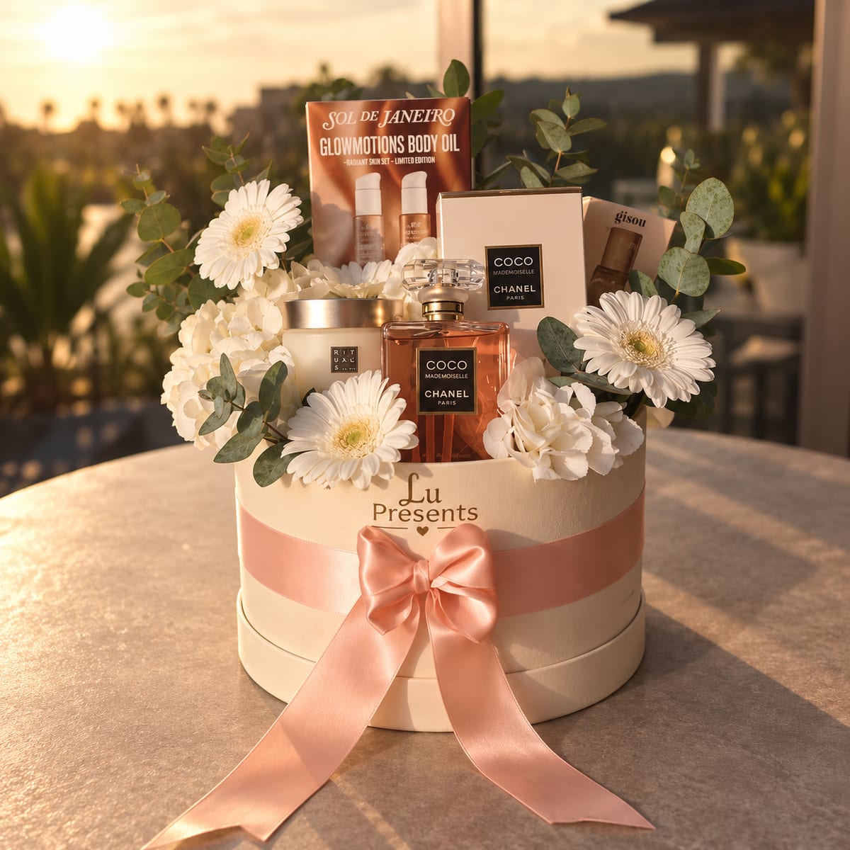 Caja regalo con perfume Chanel Coco Mademoiselle y flores blancas