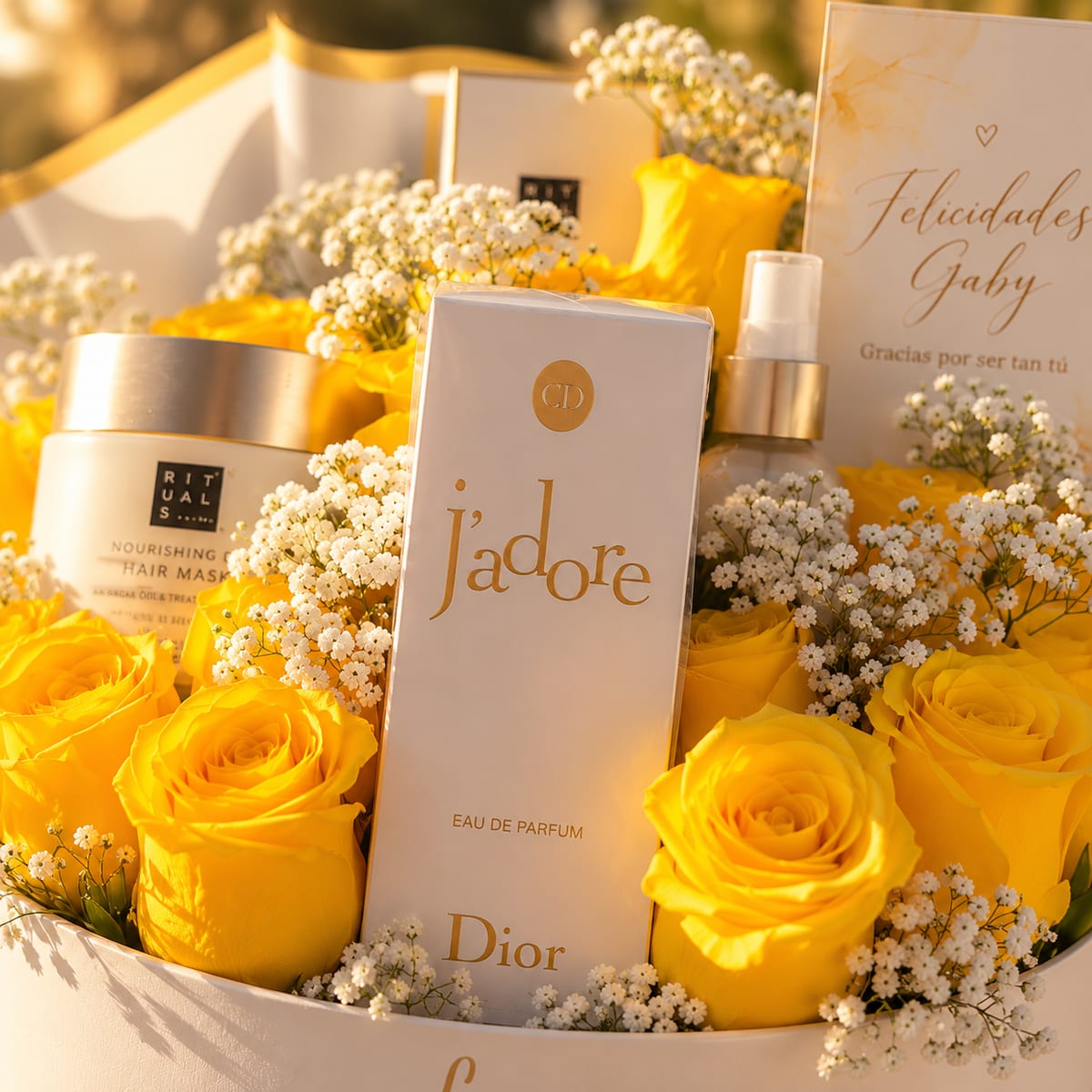 Caja con rosas amarillas, perfume Dior J’adore y Rituals – foto 2