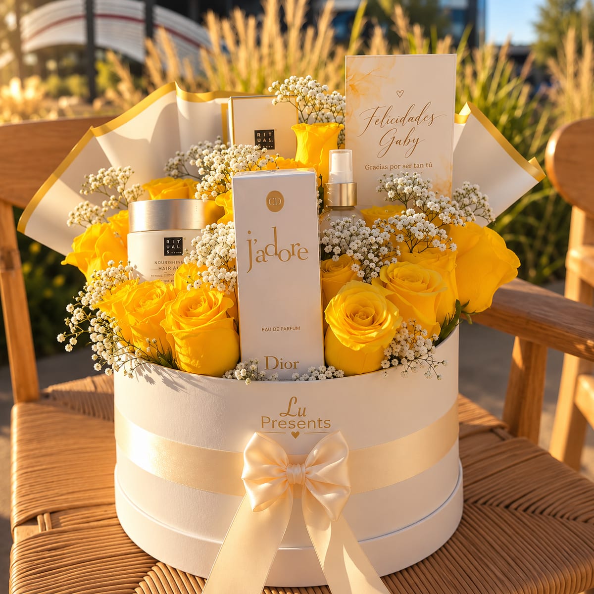 Caja con rosas amarillas, perfume Dior J’adore y Rituals