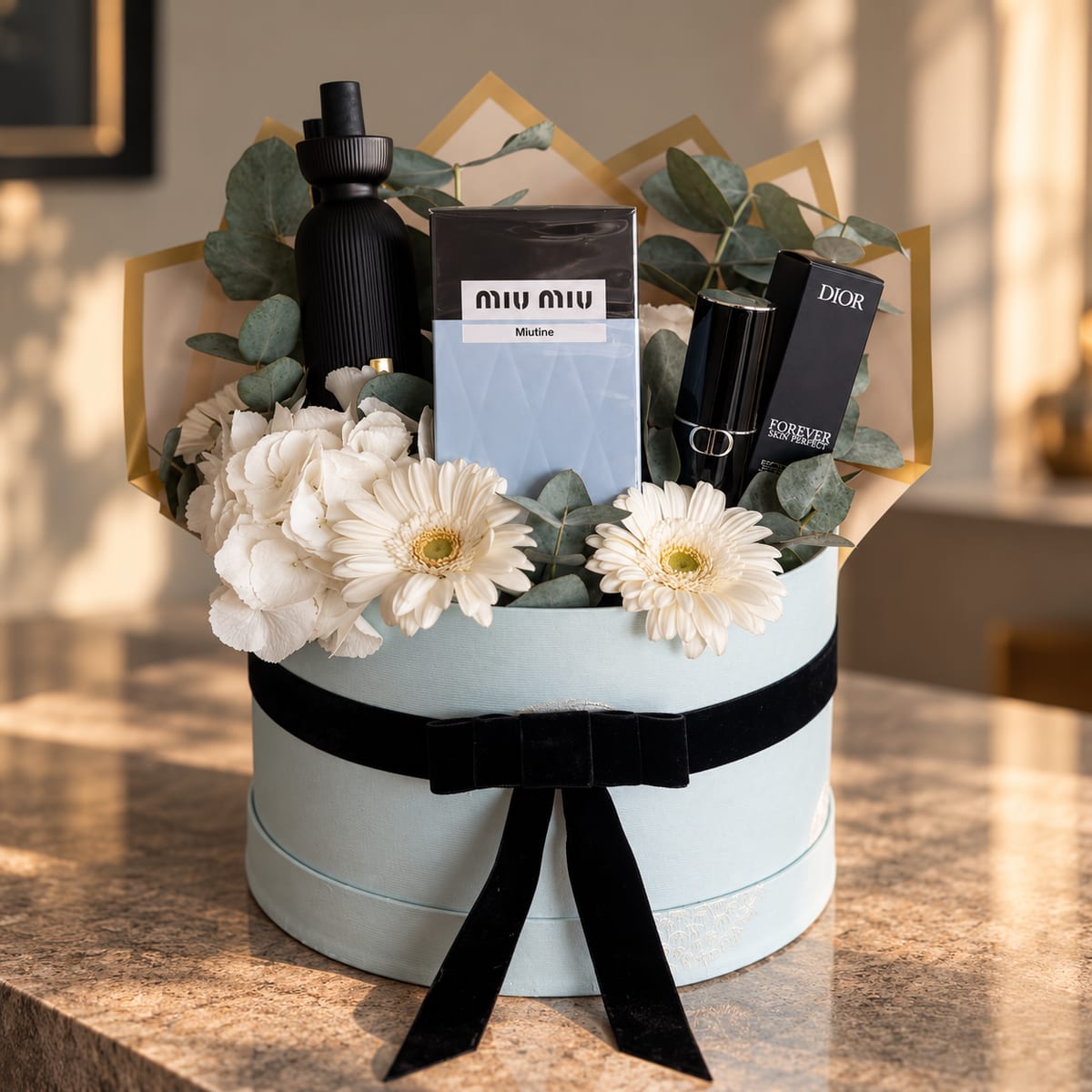 Caja regalo con perfume Miu Miu Miutine y flores blancas