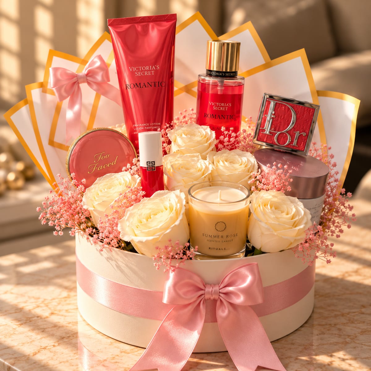 Caja regalo con Victoria’s Secret, maquillaje y rosas blancas – foto 2