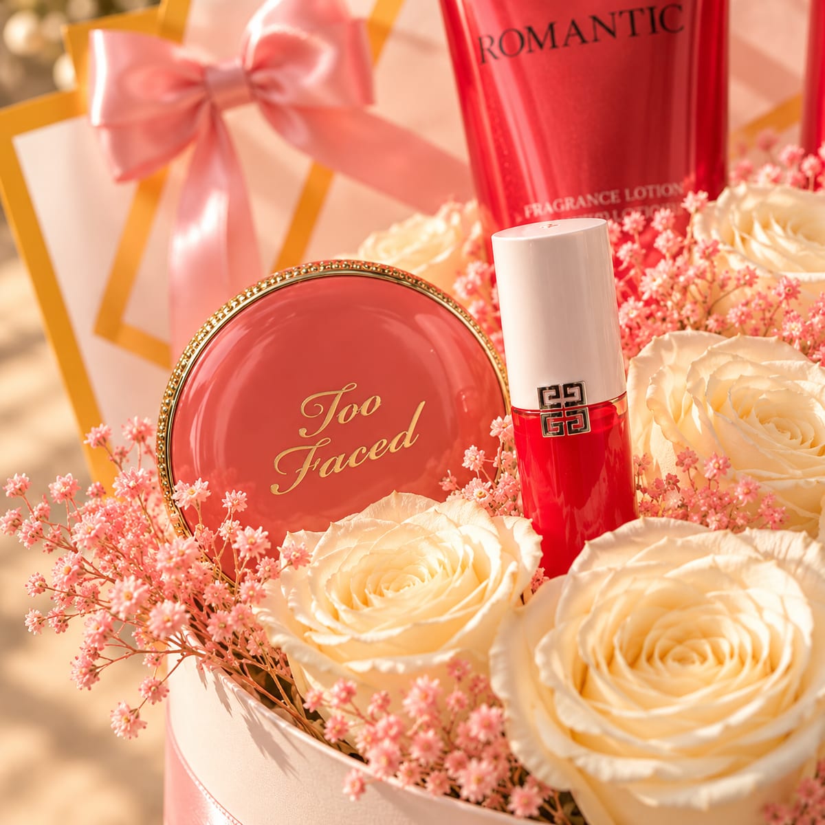 Caja regalo con Victoria’s Secret, maquillaje y rosas blancas – foto 4