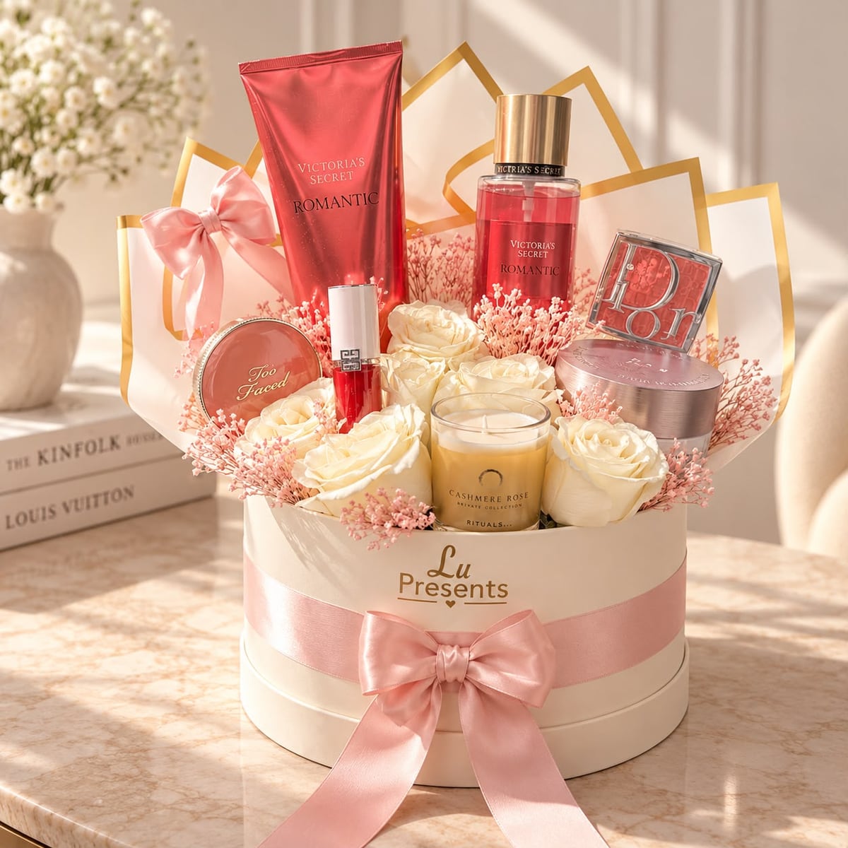 Caja regalo con Victoria’s Secret, maquillaje y rosas blancas